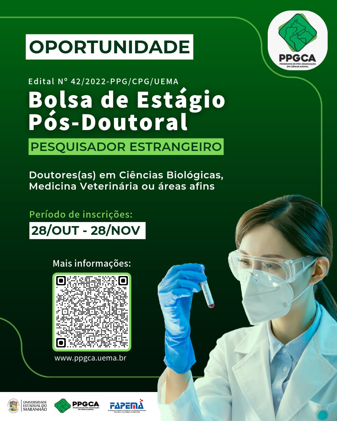 EDITAL N.º 42/2022-PPG/CPG/UEMA – BOLSA DE ESTÁGIO PÓS-DOUTORAL MODALIDADE PESQUISADOR ESTRANGEIRO (PPGCA)