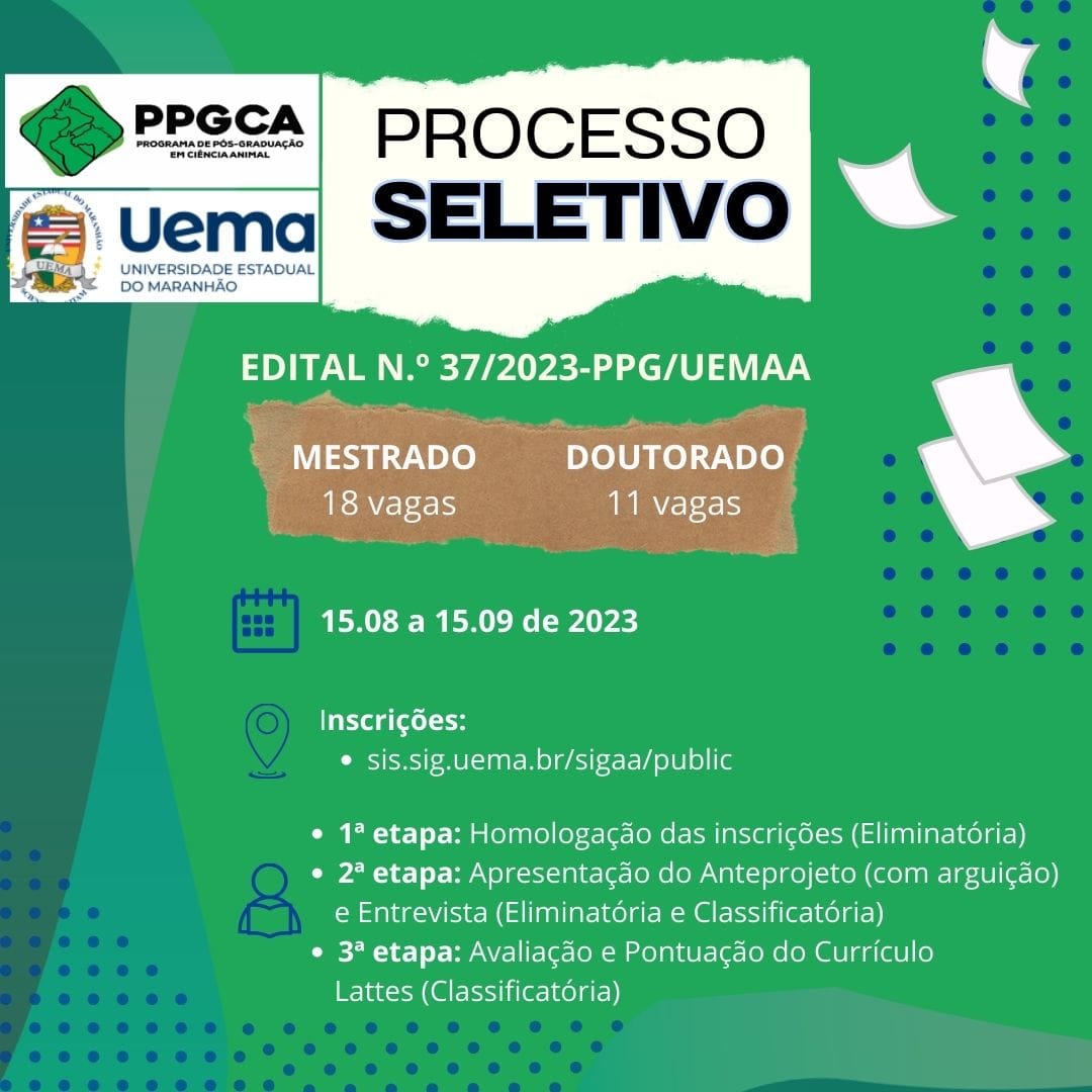 RESULTADO FINAL DE HOMOLOGAÇÃO DAS INSCRIÇÕES  DO PROCESSO SELETIVO DO PROGRAMA DE PÓSGRADUAÇÃO EM CIÊNCIA ANIMAL PPGCA- EDITAL Nº  37/2023– PPG/CPG/UEMA – CURSO DE MESTRADO E  DOUTORADO