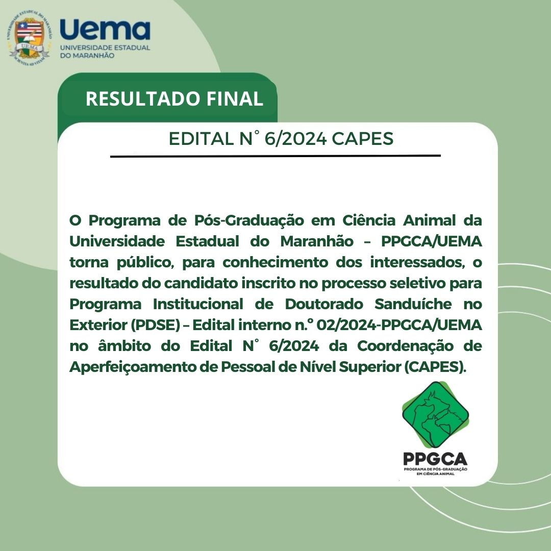 RESULTADO FINAL DO PROCESSO SELETIVO PARA PROGRAMA INSTITUCIONAL DE DOUTORADO SANDUÍCHE NO EXTERIOR (PDSE) – EDITAL INTERNO N.º 02/2024-PPGCA/UEMA-EDITAL N° 6/2024 CAPES